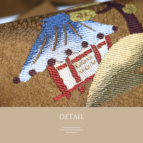 名古屋帯 リサイクル 帯丈360cm 六通 風景模様に猫柄 ブラウン Mサイズ 正絹 Sランク お洒落