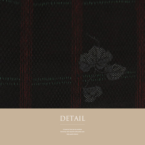 小紋 リサイクル 身丈162.5cm 裄66.6cm 袷 格子に蔦柄 地紋 ブラック Lサイズ お洒落 カジュアル ポリエステル 洗える着物 広衿 新品・未使用品