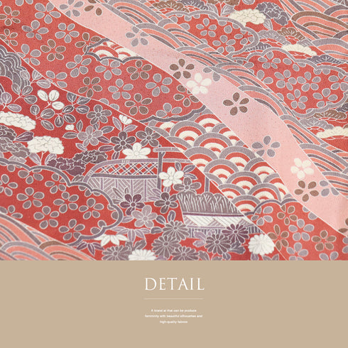 小紋 リサイクル 身丈159.6cm 裄64.4cm 袷 風景に松や菊柄 総柄 ゆったりサイズ ピンク Mサイズ お洒落 正絹 広衿 Sランク