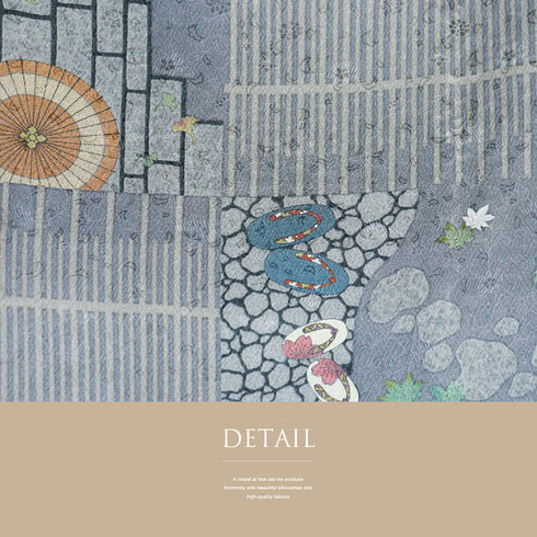 小紋 リサイクル 身丈163cm 裄62.8cm 袷 石畳に番傘や草履柄 地紋 グレー Lサイズ お洒落 カジュアル 正絹 広衿 Sランク