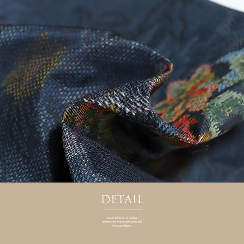 大島紬 リサイクル 身丈164.7cm 裄67.6cm 袷 草花柄 藤絹織物 ネイビー Lサイズ お洒落 カジュアル しつけ糸 正絹 広衿 Sランク