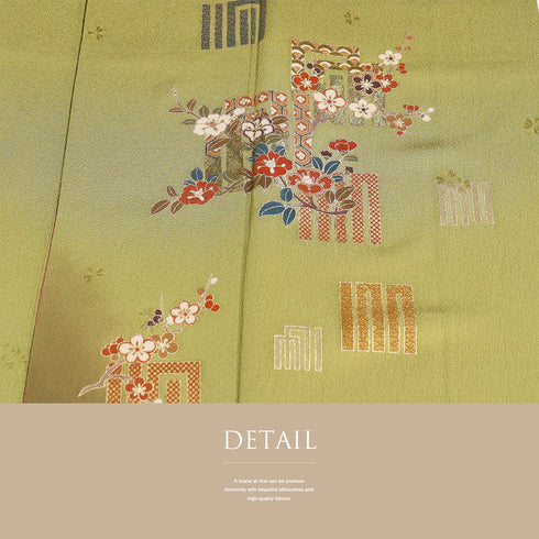 付下げ リサイクル 身丈158cm 裄65.6cm 袷 源氏香に花枝柄 箔 地紋 グリーン Mサイズ セミフォーマル お洒落 一つ紋 正絹 広衿 Aランク