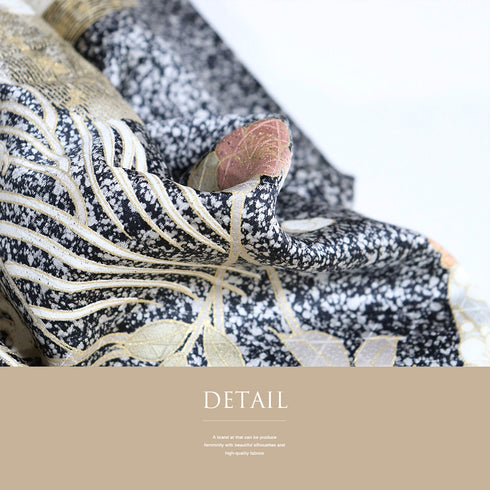 訪問着 リサイクル 身丈167.3cm 裄70.2cm 袷 短冊に花柄 金駒刺繍 箔 ブラック LLサイズ お洒落 正絹 広衿 Sランク