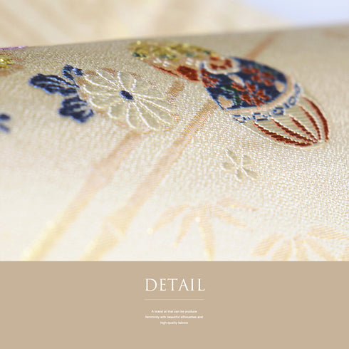 名古屋帯 リサイクル 帯丈361.5cm 六通 手毬柄 菊柄 竹柄 西陣いまい 部分刺繍 ベージュ Mサイズ 正絹 新品・未使用品 お洒落 落款