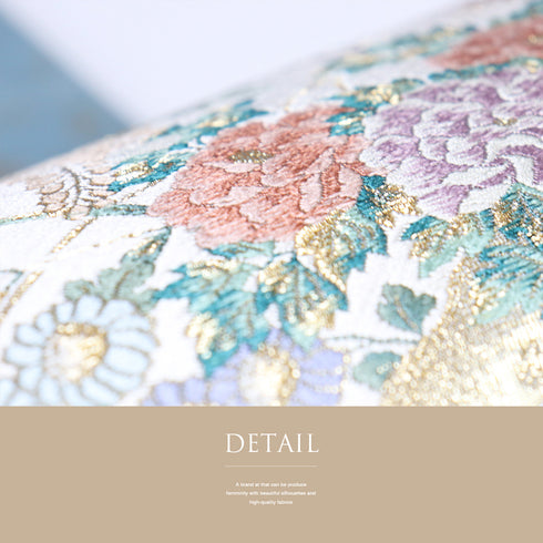 袋帯 リサイクル 帯丈436cm 六通 功琳彩宴 地紙に花柄 ブルー Mサイズ 正絹 新品・未使用品 フォーマル セミフォーマル