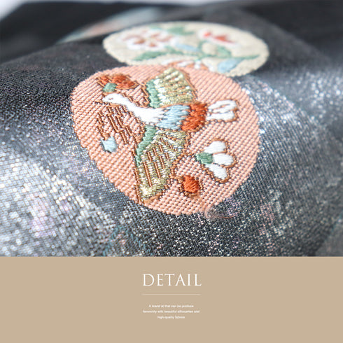 名古屋帯 リサイクル 帯丈368.5cm ポイント柄 華文 鳥柄 花柄 グレー Mサイズ 正絹 Sランク お洒落