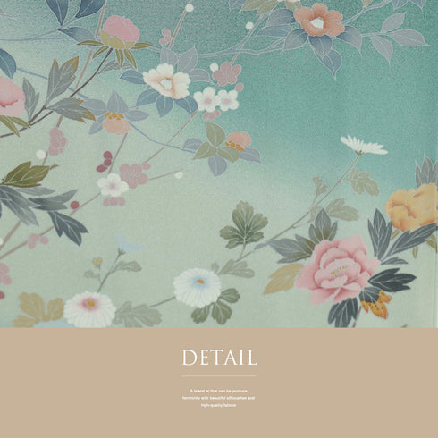 リサイクル 身丈160.5cm 裄66.2cm 袷 菊・牡丹 グリーン Lサイズ セミフォーマル 正絹 広衿 Sランク