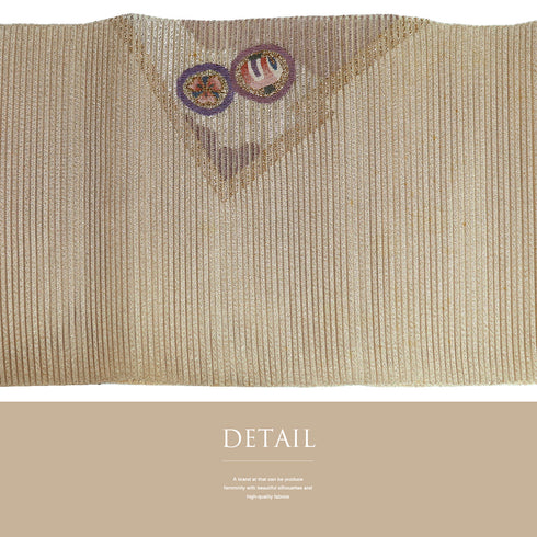 名古屋帯 リサイクル 帯丈382cm ポイント柄 夏用 丸に宝づくし柄 ベージュ Lサイズ 正絹 Aランク カジュアル お洒落