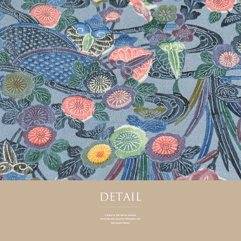 小紋 リサイクル 身丈155.8cm 裄62cm 袷 花や鳥柄 ブルー Mサイズ お洒落 正絹 広衿 Sランク