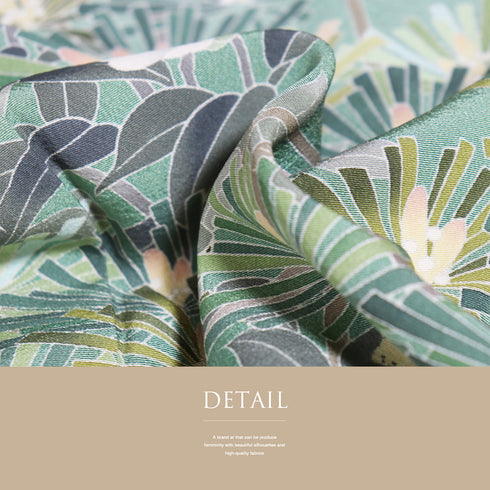 訪問着 リサイクル 身丈162.7cm 裄66.4cm 袷 若松模様 花柄 グリーン Lサイズ セミフォーマル 落款 一つ紋 しつけ糸 正絹 広衿 Aランク