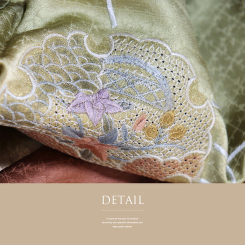 訪問着 リサイクル 身丈162cm 裄64.8cm 袷 雪輪柄 花柄 金彩加工 汕頭刺繍 地紋あり グリーン Lサイズ フォーマル セミフォーマル 一つ紋 正絹 広衿 Sランク