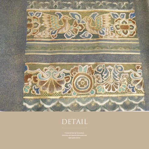 袋帯 リサイクル 帯丈468cm ポイント柄 汕頭 壁画柄 オリエンタル柄 ゴールド LLサイズ 正絹 Sランク お洒落