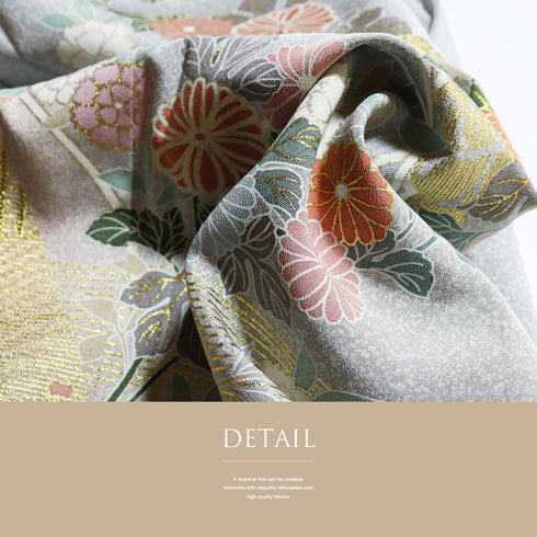 訪問着 リサイクル 身丈161.3cm 裄67.2cm 袷 菊柄 たたき柄 箔加工 グレー Lサイズ セミフォーマル お洒落 正絹 広衿 Sランク