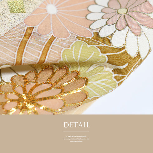 色留袖 リサイクル 身丈160.8cm 裄66.4cm 袷 花や橋柄 金駒刺繍 ベージュ Lサイズ 一つ紋 正絹 広衿 Aランク