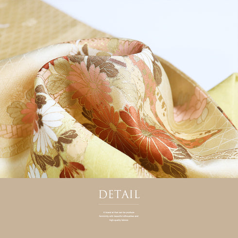 付下げ リサイクル 身丈159.5cm 裄66.4cm 袷 扇子や菊柄 金駒刺繍 箔 ゆったりサイズ オレンジ Mサイズ セミフォーマル お洒落 正絹 広衿 Sランク