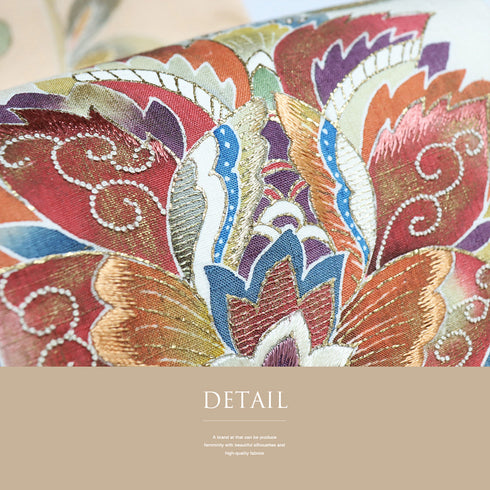 袋帯 リサイクル 帯丈446cm ポイント柄 唐花模様 刺繍染め 結城紬 ピンク Mサイズ 正絹 Sランク お洒落