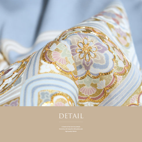 色留袖 リサイクル 身丈171cm 裄66.8cm 袷 デザイン青海波に華紋柄 金駒刺繍 箔 ブルー LLサイズ セミフォーマル 一つ紋 正絹 広衿 Aランク