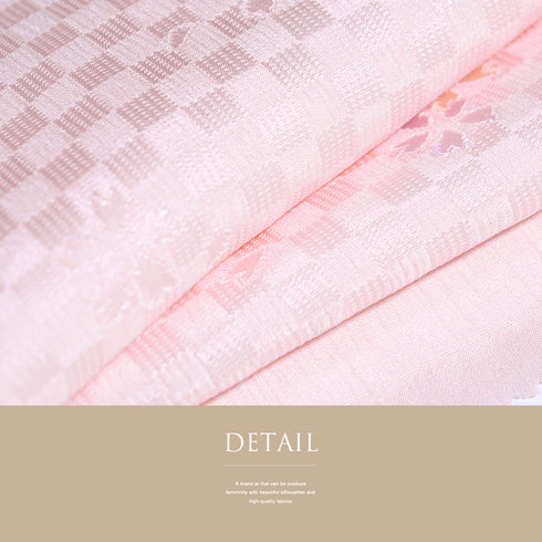 帯締め・帯揚げセット 手組紐 ちりめん ピンク 正絹 新品・未使用品 市松の地紋に桜柄