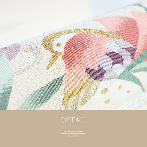 名古屋帯 リサイクル 帯丈364.5cm ポイント柄 丸に鴨や梅柄 つづれ織り ベージュ Mサイズ 正絹 Aランク お洒落