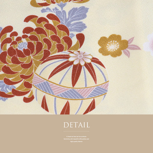 小紋 リサイクル 身丈165.8cm 裄67.5cm 袷 手毬に菊模様 ベージュ LLサイズ お洒落 カジュアル ポリエステル 広衿 Aランク