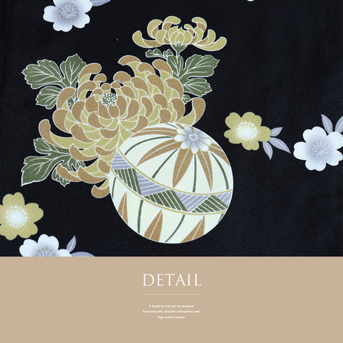 小紋 リサイクル 身丈159.8cm 裄66cm 袷 手毬に菊模様 既製品 ネイビー Mサイズ お洒落 カジュアル ポリエステル 洗える着物 広衿 Aランク