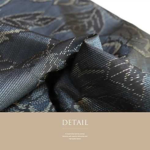 紬 リサイクル 身丈156.8cm 裄63.2cm 袷 葉柄 ネイビー Mサイズ お洒落 カジュアル 正絹 広衿 Sランク