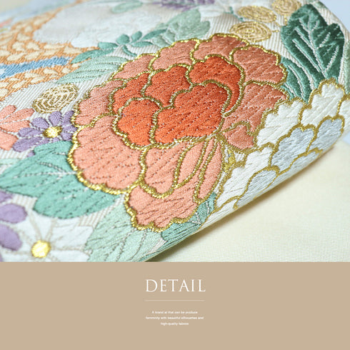 名古屋帯 リサイクル 帯丈361cm ポイント柄 花柄 ベージュ Mサイズ 正絹 新品・未使用品 お洒落