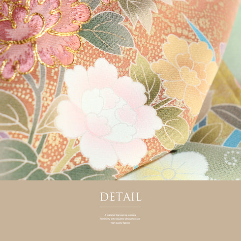 訪問着 リサイクル 身丈167cm 裄67.6cm 袷 花柄 箔 金駒刺繍 グリーン LLサイズ セミフォーマル 正絹 広衿 Aランク