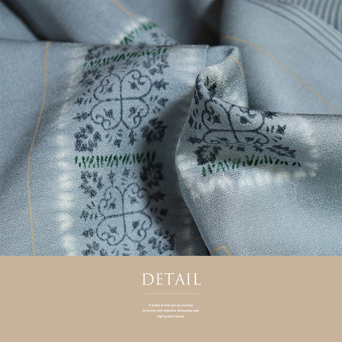 訪問着 リサイクル 身丈164.5cm 裄66.2cm 袷 紬 部分絞り 縞に短冊模様 後染め ゆったりサイズ ブルー Lサイズ お洒落 しつけ糸 正絹 広衿 Sランク