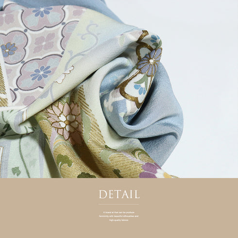 色留袖 リサイクル 身丈163cm 裄64.4cm 袷 華紋柄 箔 比翼無し ブルー Lサイズ 落款 一つ紋 正絹 広衿 Sランク