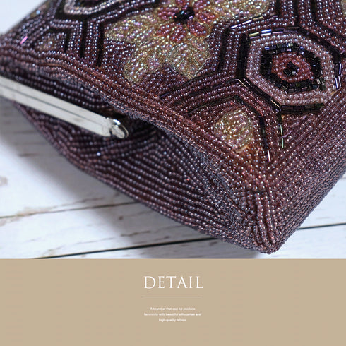 ビーズバック アンティーク パープル地 花柄 お洒落 カジュアル 横幅19cm 高さ13cm マチ5cm Aランク 和装小物 ET-391