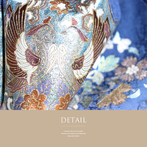 訪問着 リサイクル 身丈162.8cm 裄62.6cm 袷 金彩に双鳥と華文模様 ブルー Lサイズ セミフォーマル しつけ糸 正絹 広衿 Sランク