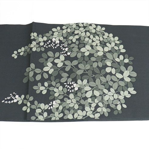 名古屋帯 リサイクル 帯丈384cm ポイント柄 開き仕立て 萩柄 型染め 裏布無し ちりめん グリーン Lサイズ 正絹 Sランク お洒落