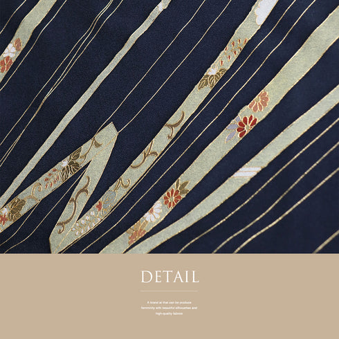 訪問着 リサイクル 身丈168cm 裄62.4cm 袷 デザイン線に熨斗柄 箔 ネイビー LLサイズ セミフォーマル お洒落 一つ紋 正絹 広衿 Sランク