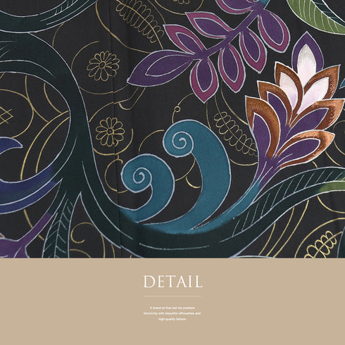 黒留袖 リサイクル 身丈161.3cm 裄66.8cm 袷 唐草柄 刺繍 箔 ブラック Lサイズ 五つ紋 しつけ糸 正絹 広衿 Sランク