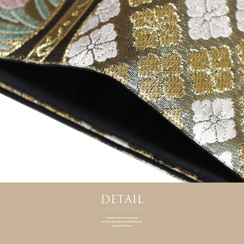 袋帯 リサイクル 帯丈426cm 六通 丸に花菱柄 梅や菊や牡丹柄 花柄 唐織割付文 ゴールド Sサイズ 正絹 未使用品 フォーマル セミフォーマル