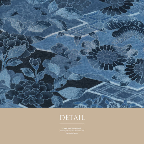 小紋 リサイクル 身丈162.2cm 裄65.6cm 袷 牡丹や菊柄 ブルー Lサイズ お洒落 カジュアル 正絹 広衿 Sランク