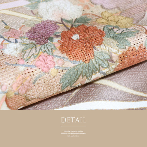 訪問着 リサイクル 身丈157cm 裄64.2cm 袷 雪輪に花模様 刺繍 箔 ブラウン Mサイズ お洒落 セミフォーマル しつけ糸 正絹 広衿 Bランク