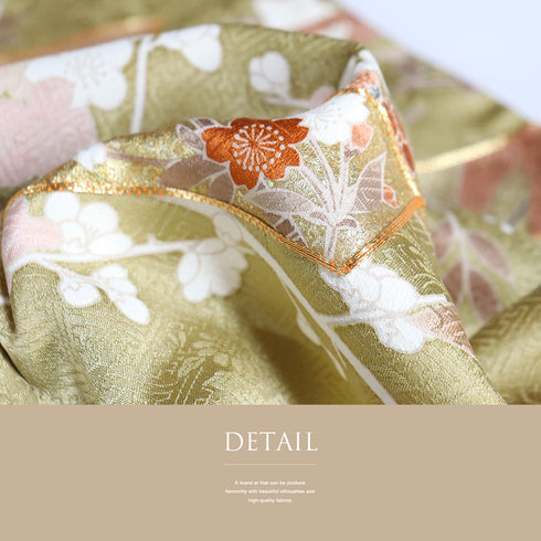 訪問着 リサイクル 身丈156cm 裄63.6cm 袷 たちばなに梅や花木柄 金駒刺繍 イエロー Mサイズ セミフォーマル お洒落 正絹 広衿 Sランク