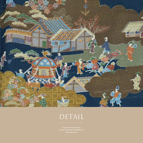 小紋 リサイクル 身丈163cm 裄64.4cm 袷 風景模様 ネイビー Lサイズ お洒落 カジュアル ポリエステル 洗える着物 広衿 Sランク