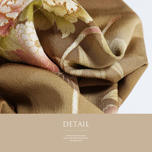 付下げ リサイクル 身丈168cm 裄69.6cm 袷 牡丹 四季花 プラチナガード加工 金駒刺繍 花井幸子作 ブラウン LLサイズ セミフォーマル お洒落 三つ紋 正絹 広衿 Aランク