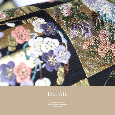 袋帯 リサイクル 帯丈430cm 六通 市松に花や植物柄 刺繍 ゴールド Sサイズ 正絹 Sランク フォーマル セミフォーマル