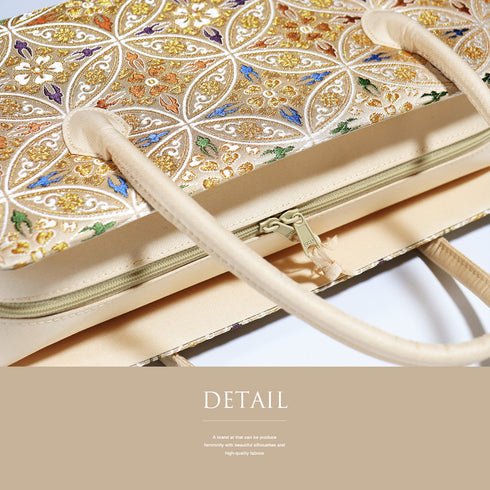 バッグ お洒落 ベージュ 正絹 未使用品 利休バッグ 西陣織 七宝華文柄 巾着付き