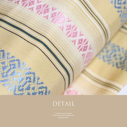 名古屋帯 リサイクル 帯丈365.5cm 全通 献上柄 イエロー Mサイズ 正絹 Sランク カジュアル お洒落