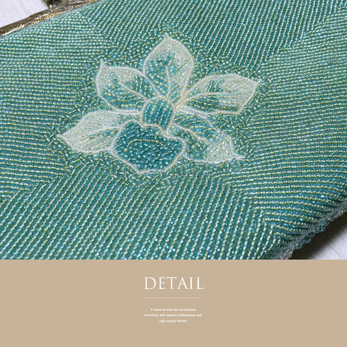 ビーズバック グリーン 花柄 お洒落 カジュアル 横幅22.5cm 高さ13cm マチ3.5cm Aランク 和装小物 ZO-87