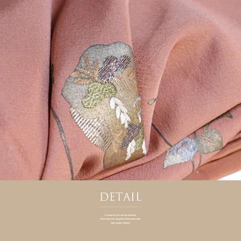 付下げ リサイクル 身丈169cm 裄64.9cm 袷 松梅桔梗 刺繍 箔 金彩 ピンク LLサイズ お洒落 しつけ糸 正絹 広衿 Sランク