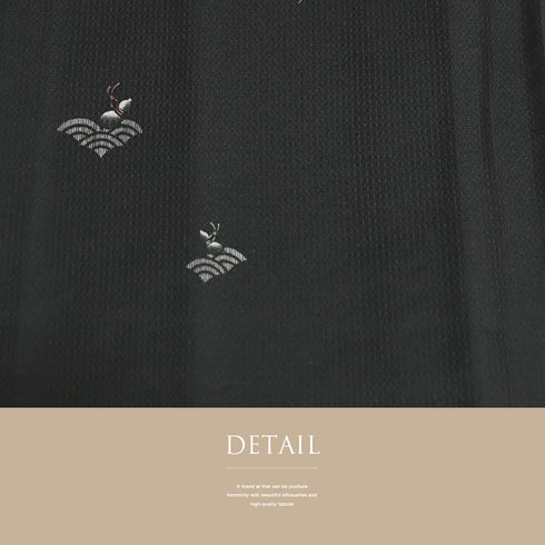 小紋 リサイクル 身丈157.5cm 裄63.6cm 単衣 青海波にひょうたん柄 地紋 ブラック Mサイズ お洒落 カジュアル ポリエステル 洗える着物 広衿 Aランク