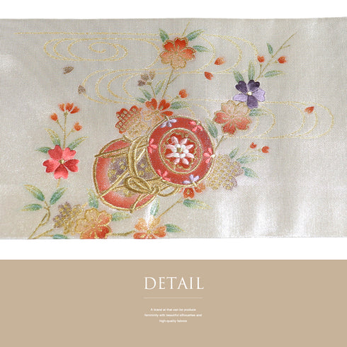 名古屋帯 リサイクル 帯丈360cm ポイント柄 流水につつみと桜柄 ベージュ Mサイズ 正絹 未使用品 お洒落