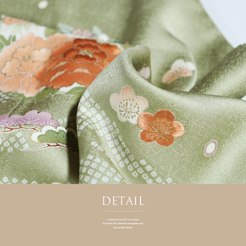 訪問着 リサイクル 身丈166cm 裄66cm 袷 牡丹に菊柄 刺繍 地紋 グリーン LLサイズ フォーマル セミフォーマル 一つ紋 正絹 広衿 Sランク