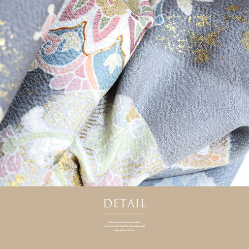 訪問着 リサイクル 身丈166cm 裄66.8cm 袷 道長取りに華文柄 金駒刺繍 ゆったりサイズ ブルー LLサイズ フォーマル セミフォーマル しつけ糸 正絹 広衿 Sランク